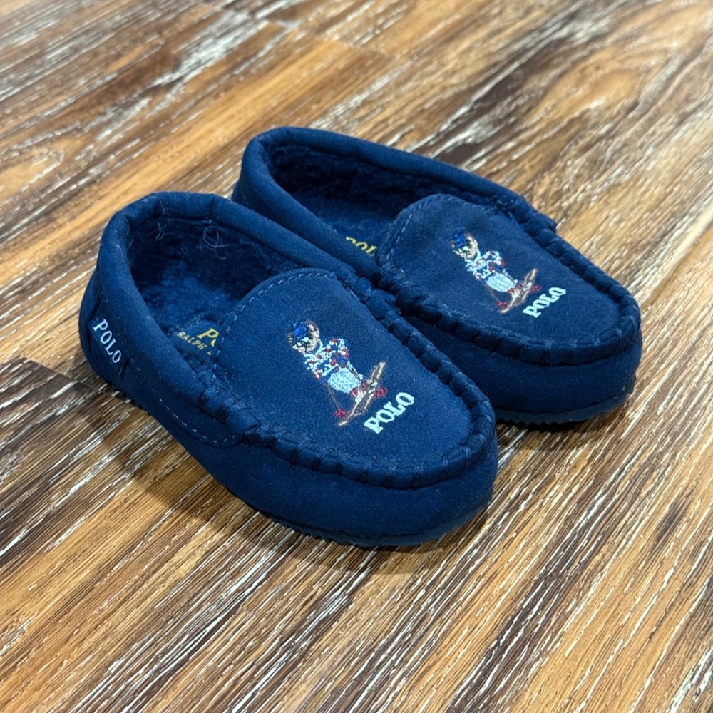 Polo Ralph Lauren Dezi IV 7 Slippers Kids Navy Blue Skiing Polo Bear Moccasins